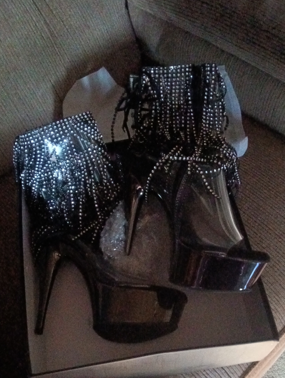 Pleaser Black Rhinestone Fringe Platform Heels